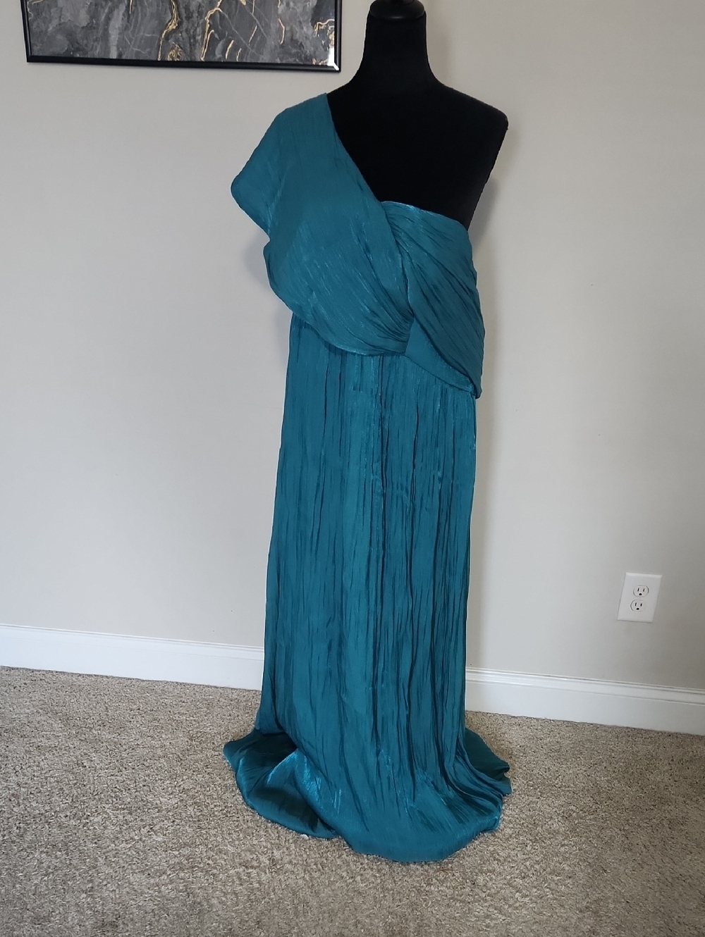 One-Shoulder Teal Evening Dress - Elegant Pleated Gown